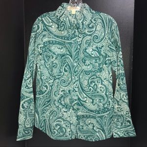 Michael Kors button down shirt, teal green and white,  ornate paisley pattern